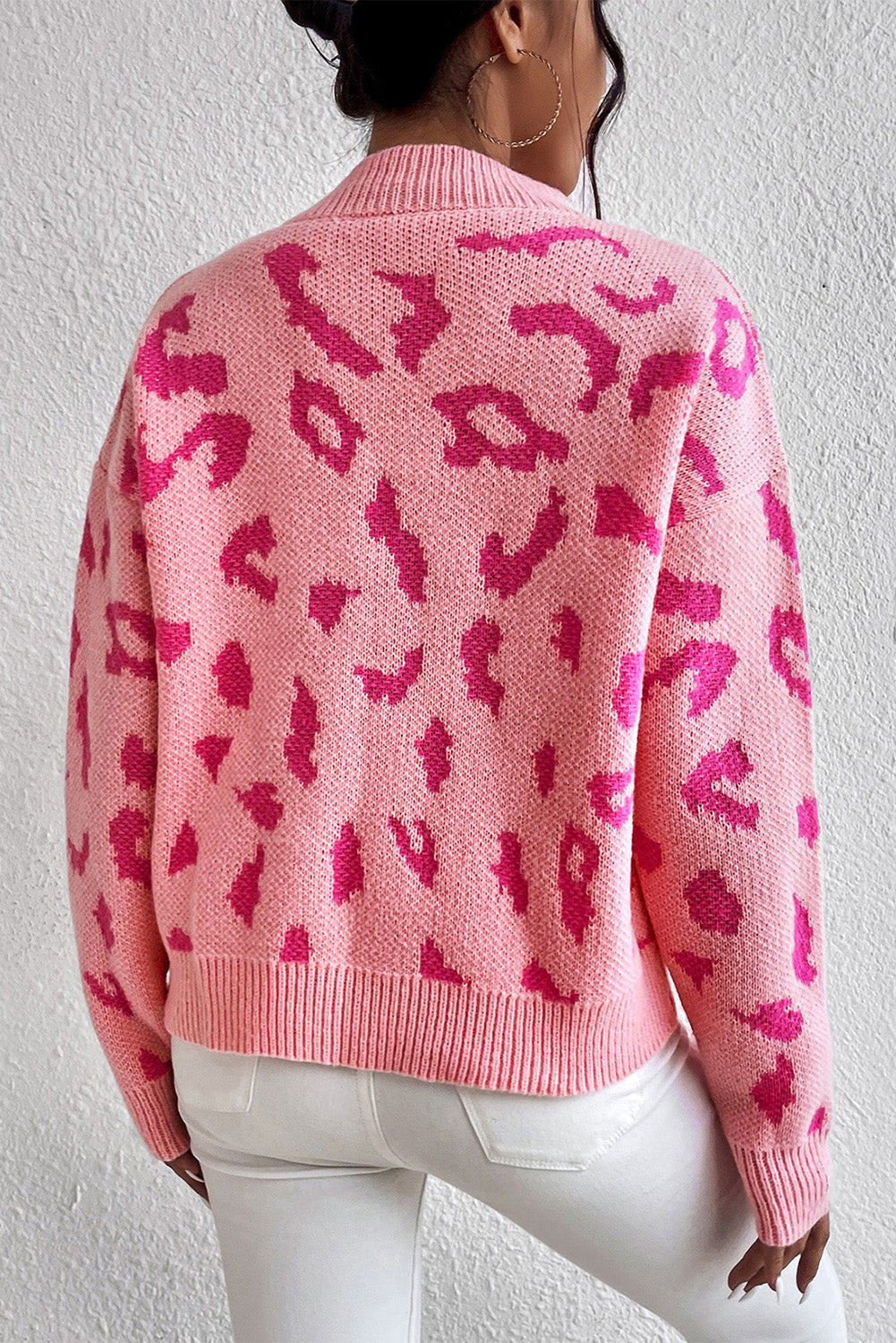 Leopard Pattern Mock Neck Ribbed Trim Sweater