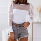 Pearl Decor Mesh Patchwork Ribbed Long Sleeve Top