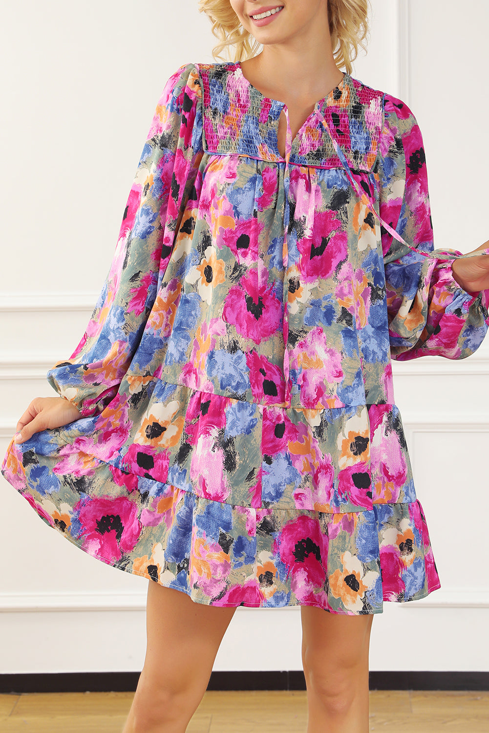 Floral Tie Neck Bubble Sleeve Shift Dress