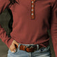 Trimmed Henley Neckline Waffle Knit Long Sleeve Top