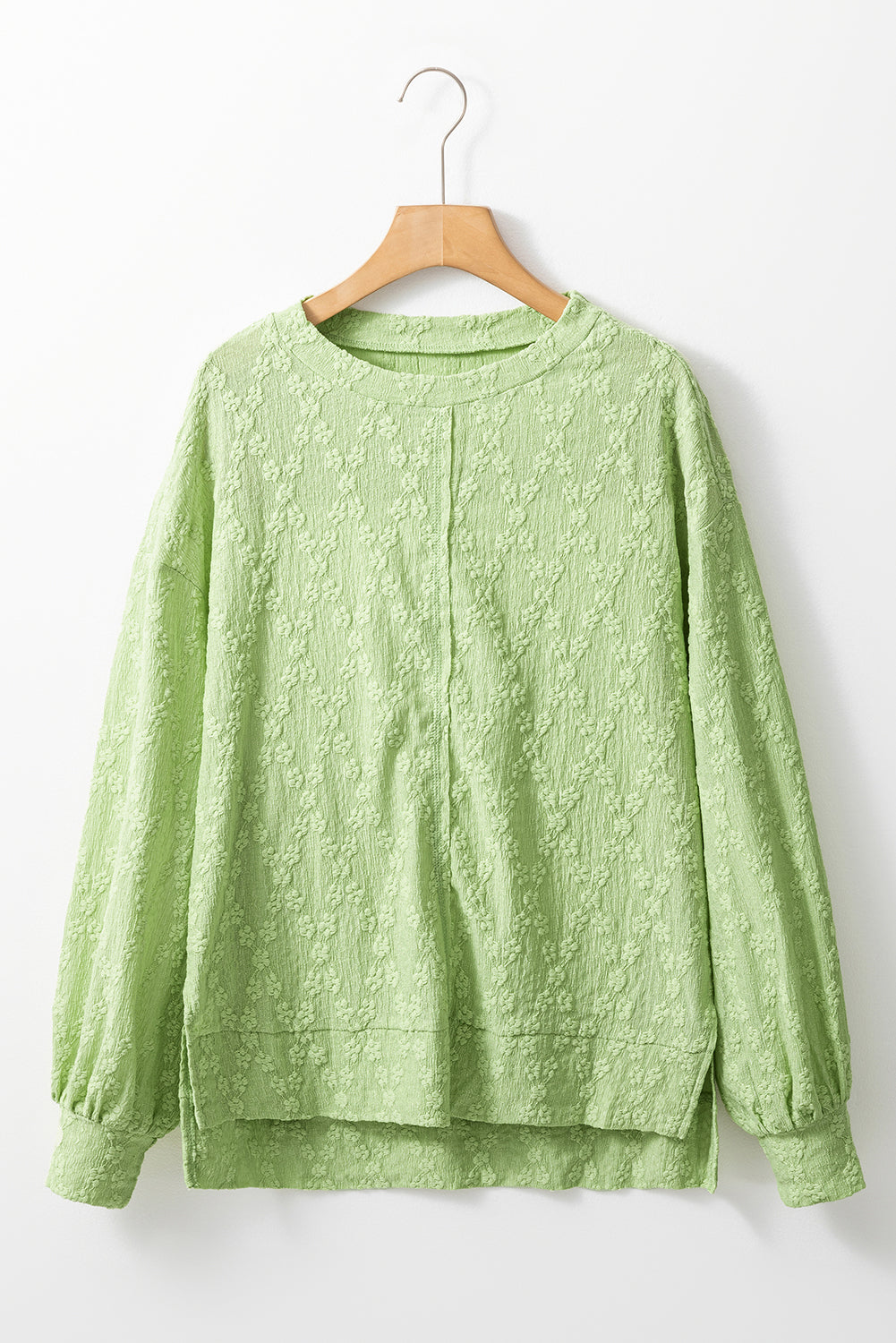 Solid Color Textured Side Split Crew Neck Blouse