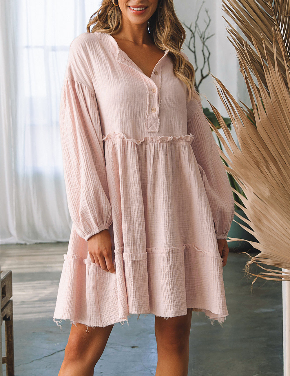 Crinkle Distressed Puff Sleeve Flared Dress