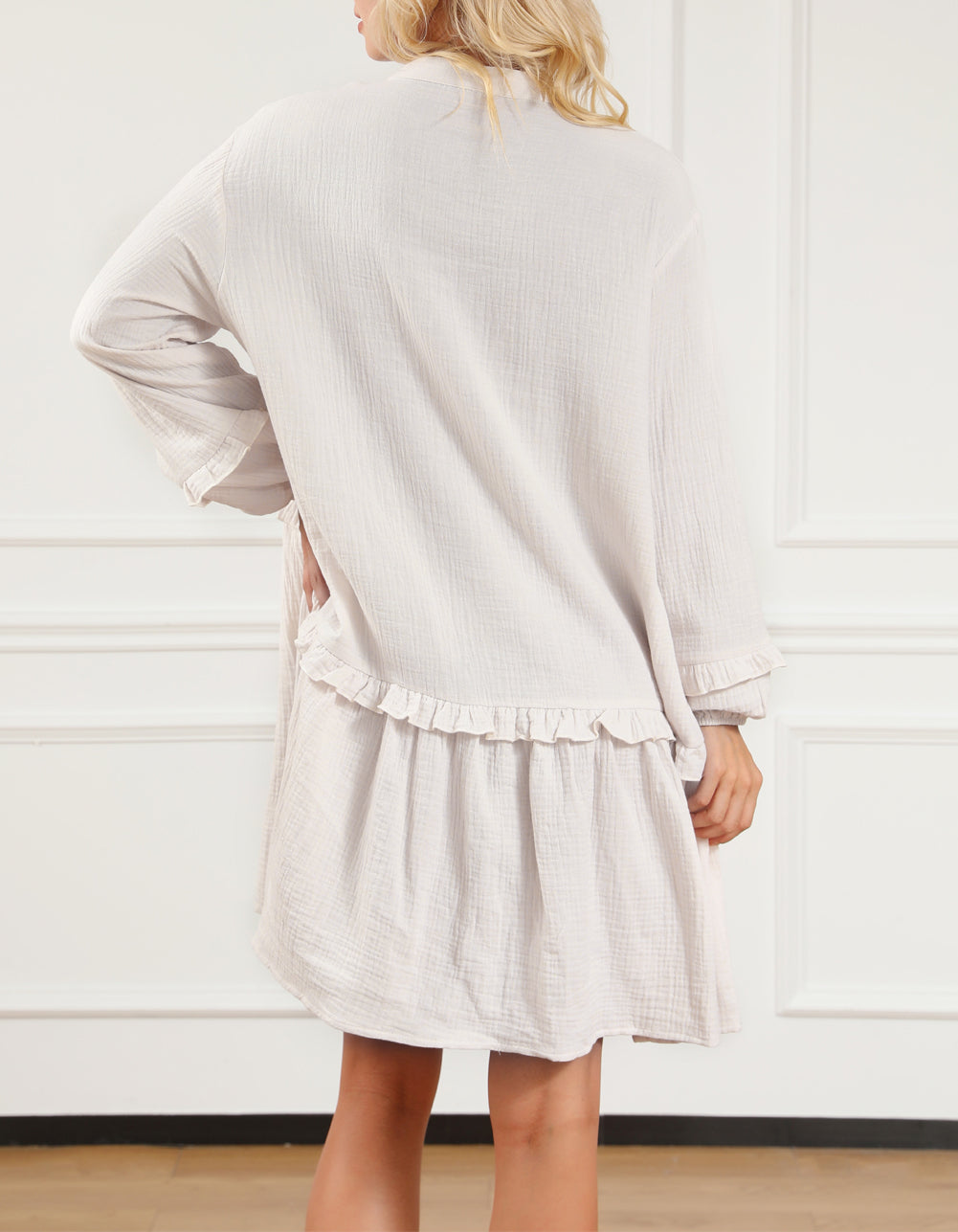 Frill Trim Half Buttoned Textured Dress