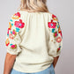 Floral Embroidered Ricrac Puff Sleeve Textured Blouse