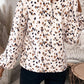 Leopard Print Lantern Sleeve Mock Neck Pleated Blouse