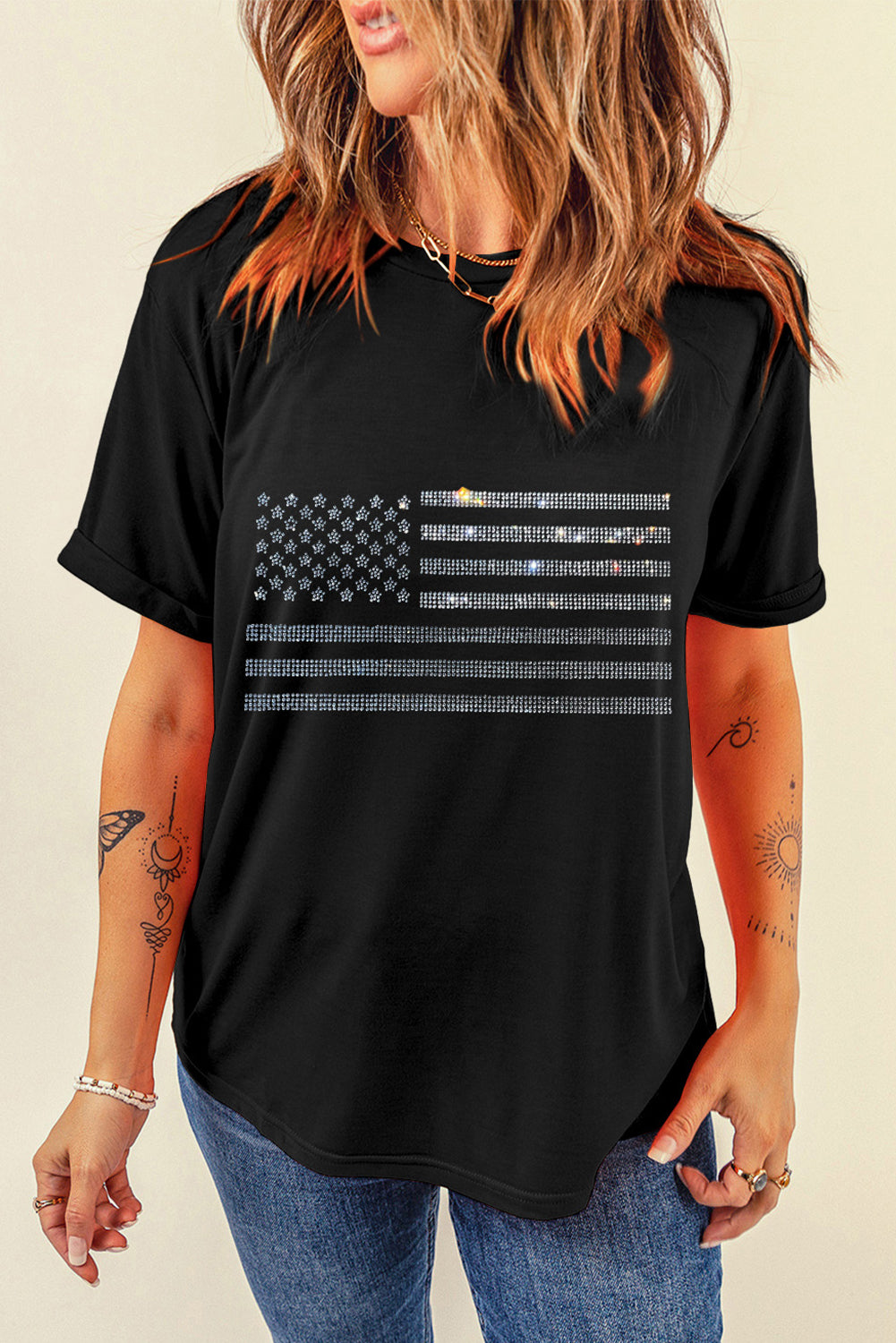 Glittering Rhinestone American Flag Pattern T Shirt