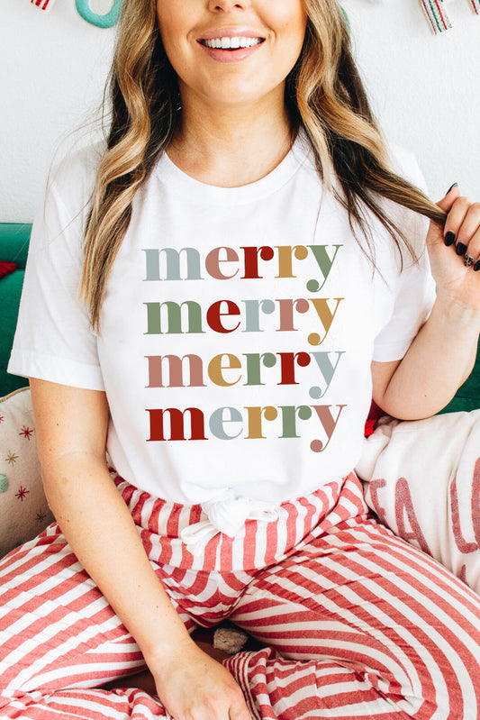 Colorful merry Printed Crewneck Christmas T Shirt