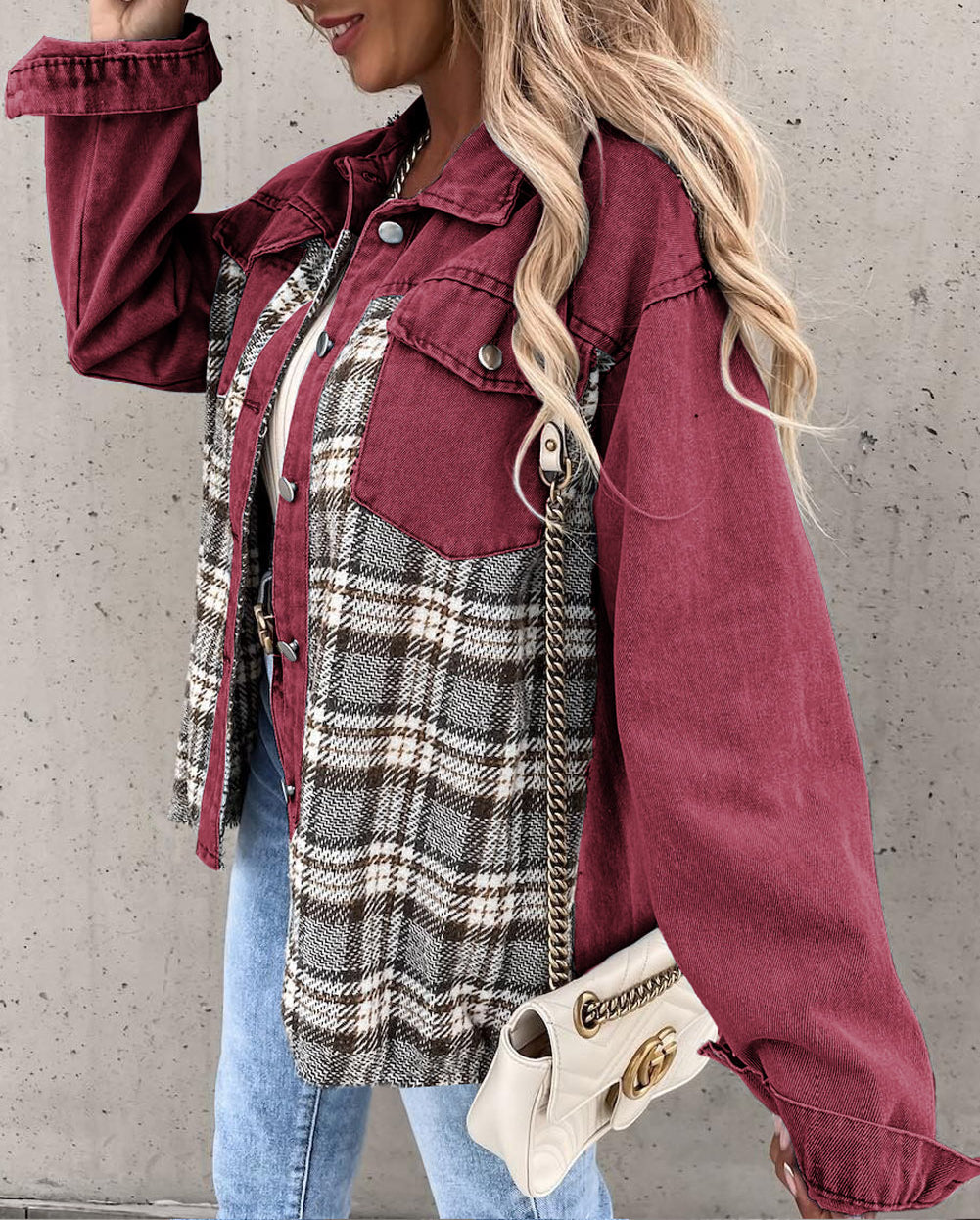 Plaid Patchwork Pockets Denim Jacket