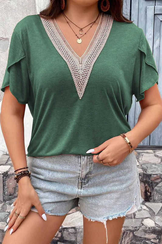 Plus Size Embroidery V Neck Draped Sleeve Blouse
