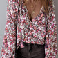 Boho Flower Split V Neck Bubble Sleeve Blouse