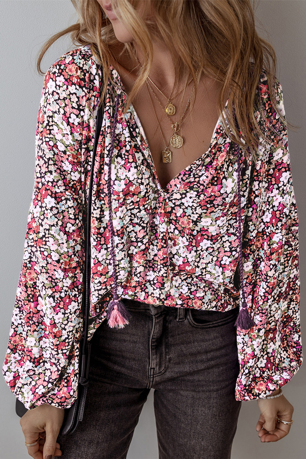 Boho Flower Split V Neck Bubble Sleeve Blouse