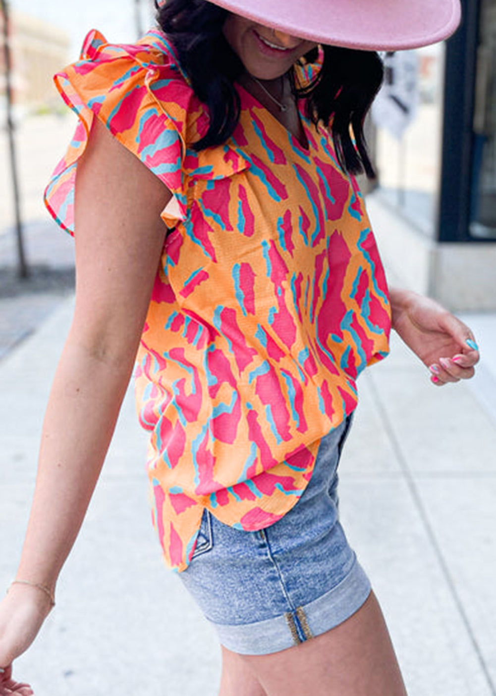 Abstract Print V Neck Ruffled Sleeve Blouse