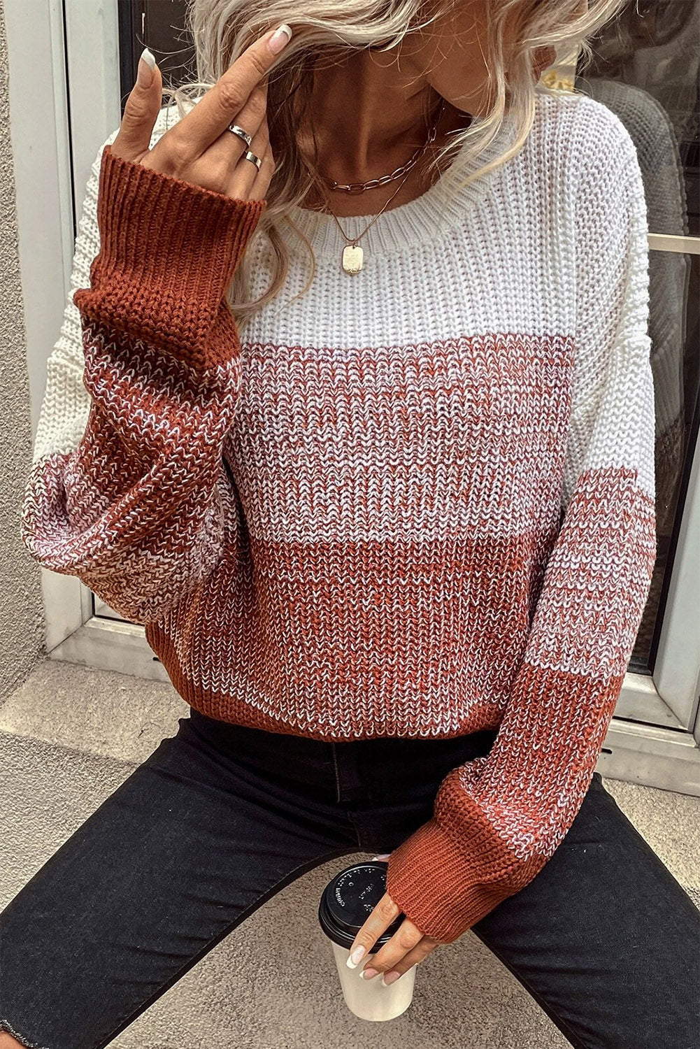 Color Block Drop Shoulder Ribbed Trim Sweater