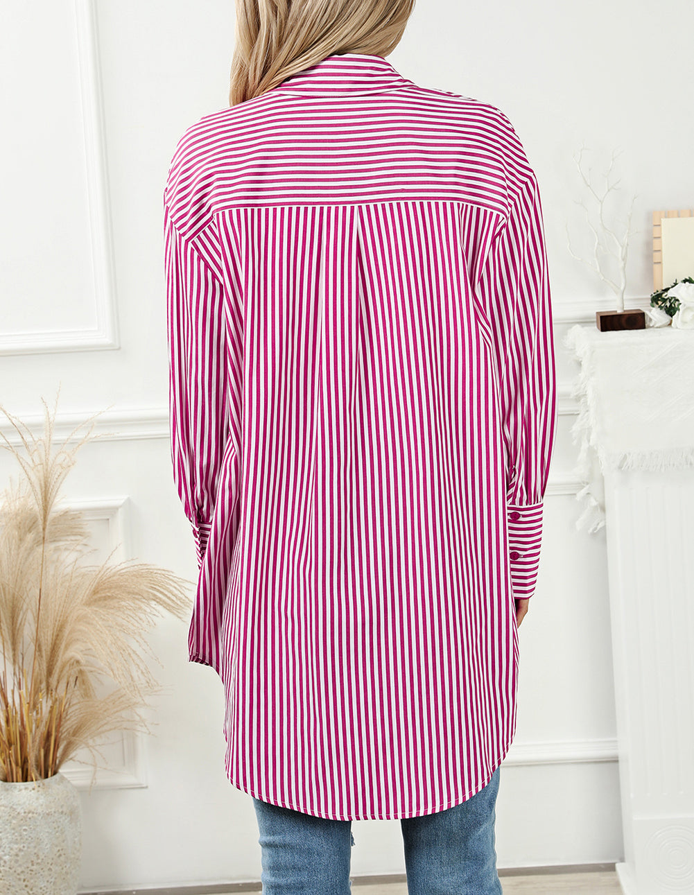 Striped Bishop Sleeve Side Slit Long Tail Shirt