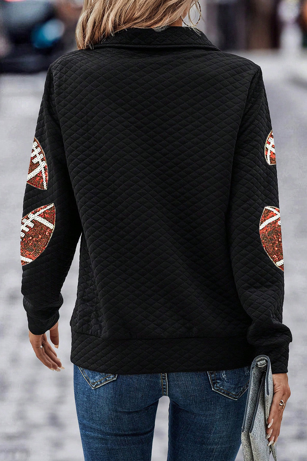 Sequin Rugby Football Patched Quarter Zip Textured Sweatshirt