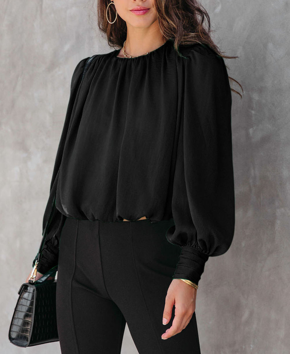 Padded Shoulder Buttoned Cuffs Pleated Loose Blouse