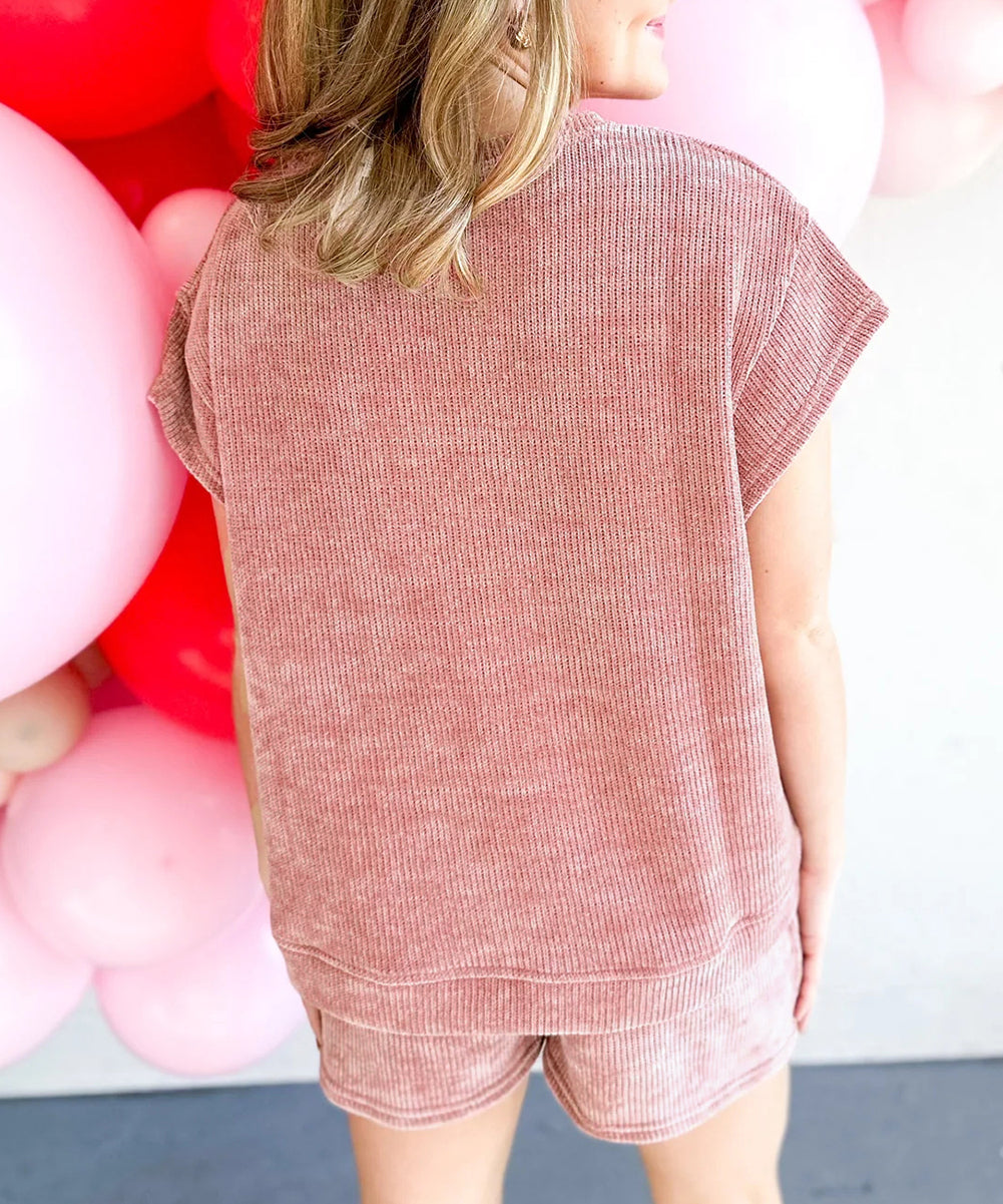 Two Piece Knitted Short Sleeve Top and Shorts Set