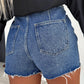 Blue Button Wrap Over Raw Hem Denim Shorts