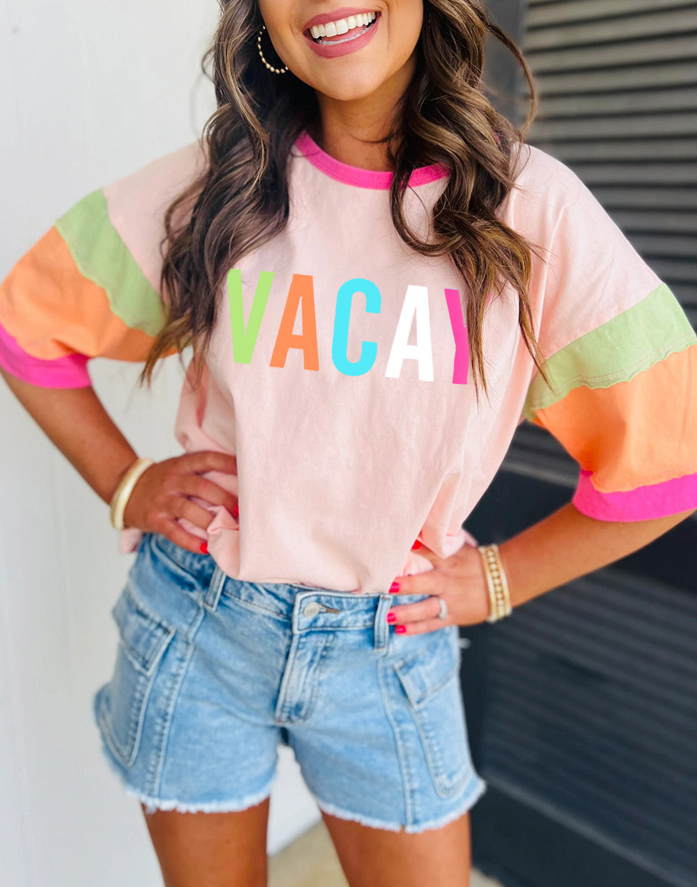 VACAY Printed Color Block Half Sleeve Graphic T Shirt