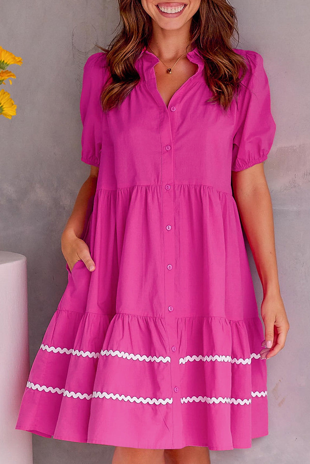 Puff Sleeve Contrast Ric-rac Shirt Dress