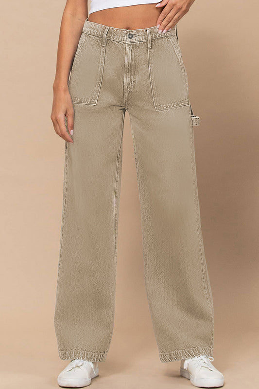 High Waist Flap Pocket Wide-Leg Jeans