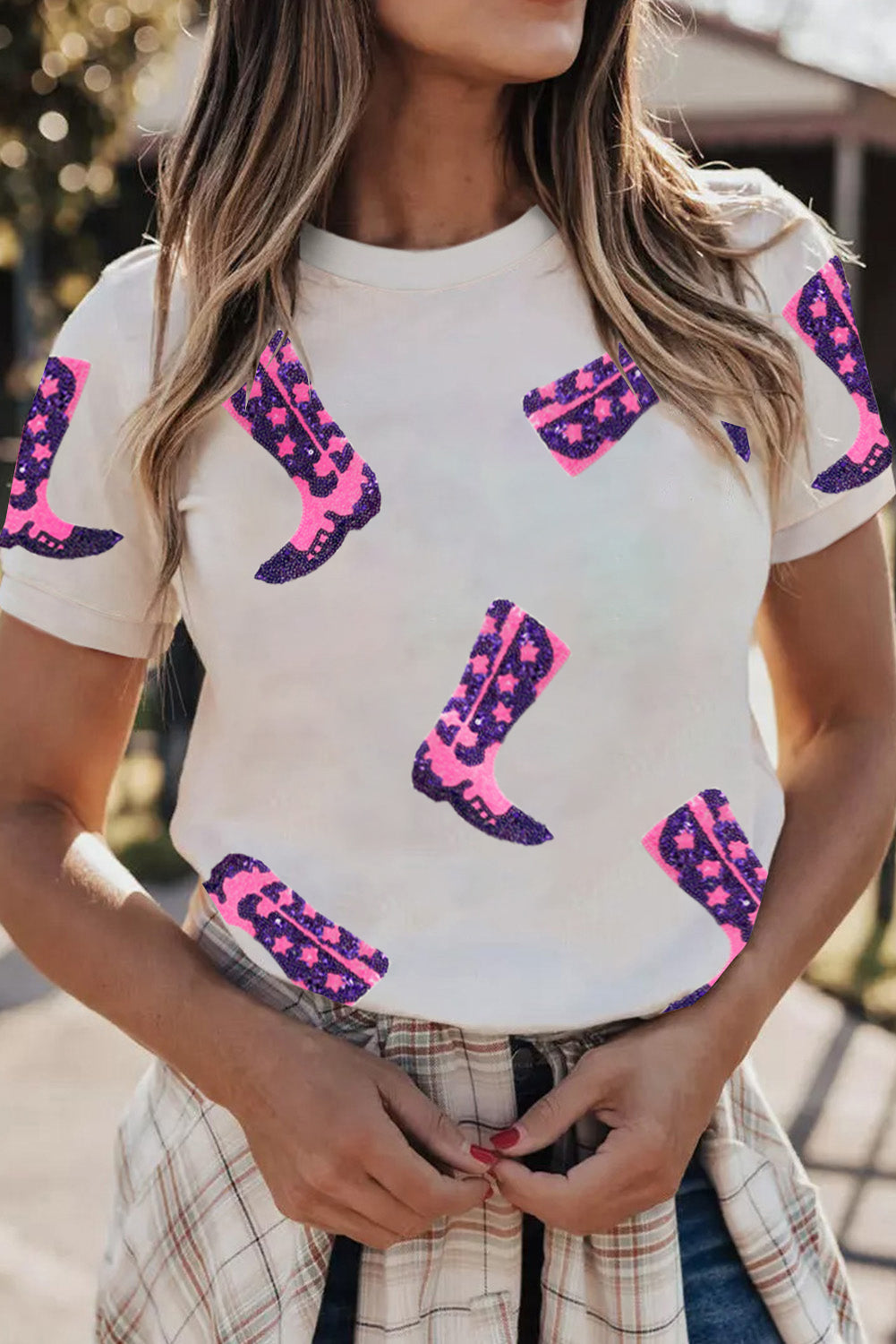 Sequin Western Boots Round Neck T Shirt