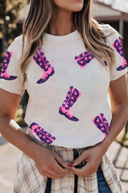 Sequin Western Boots Round Neck T Shirt