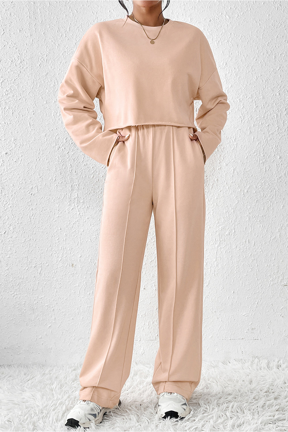 Long Sleeve Distressed Crop Top Wide Leg Pants Outfit