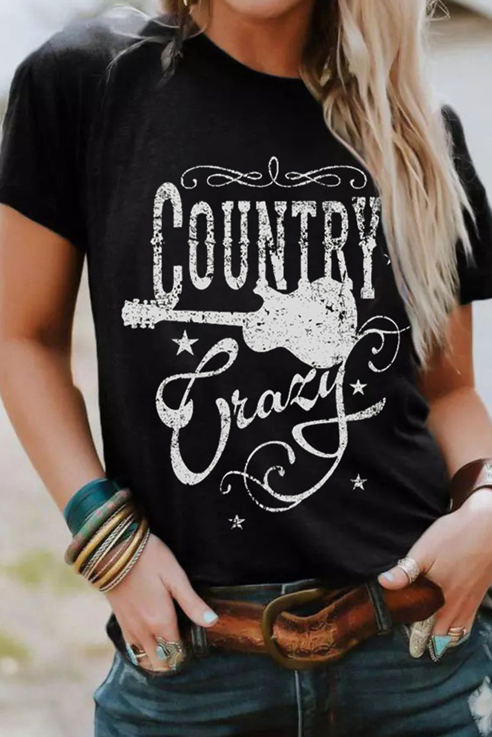 Country Music Crazy Print Crew Neck T Shirt