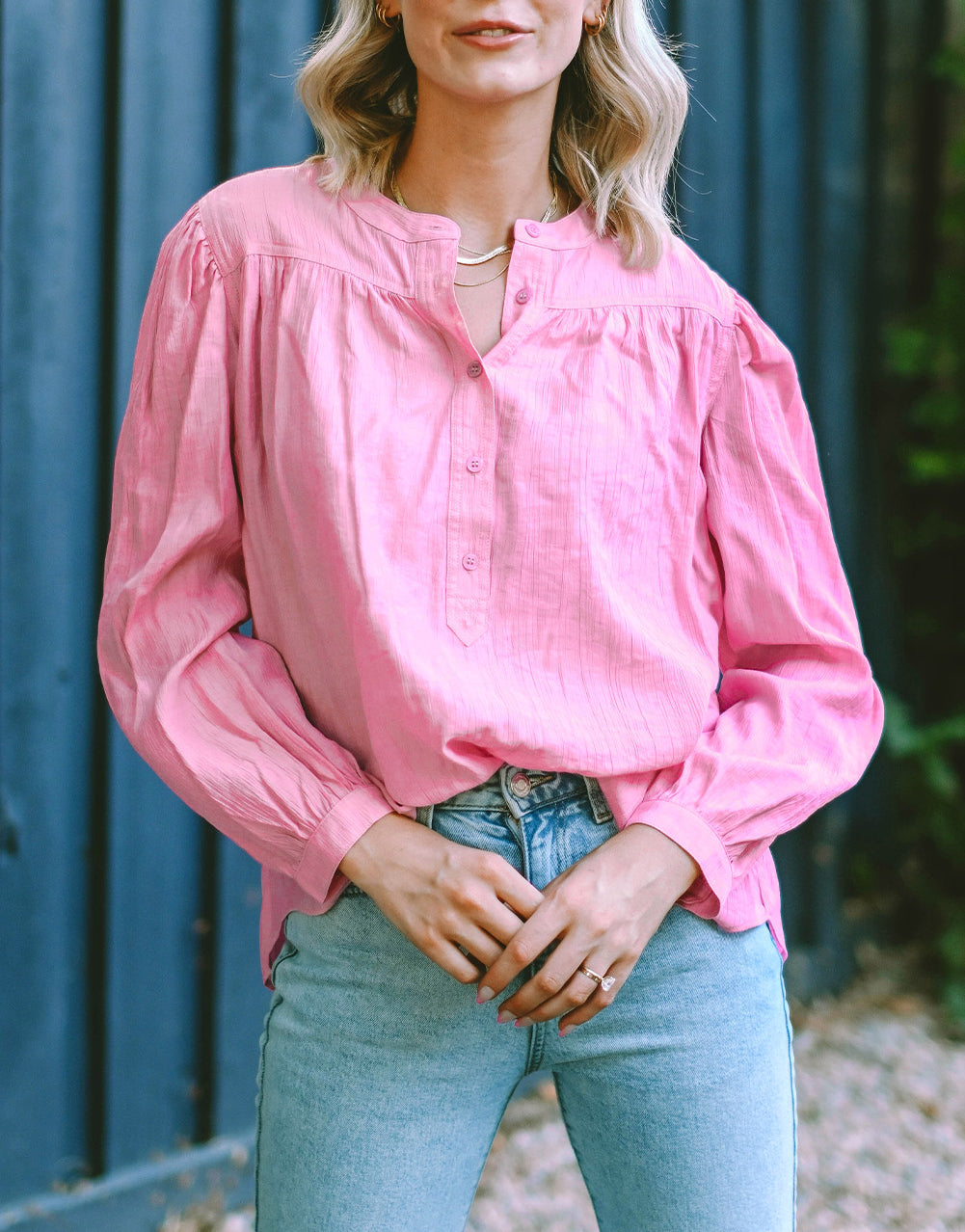 Button Split Neck Pleated Puff Sleeve Blouse