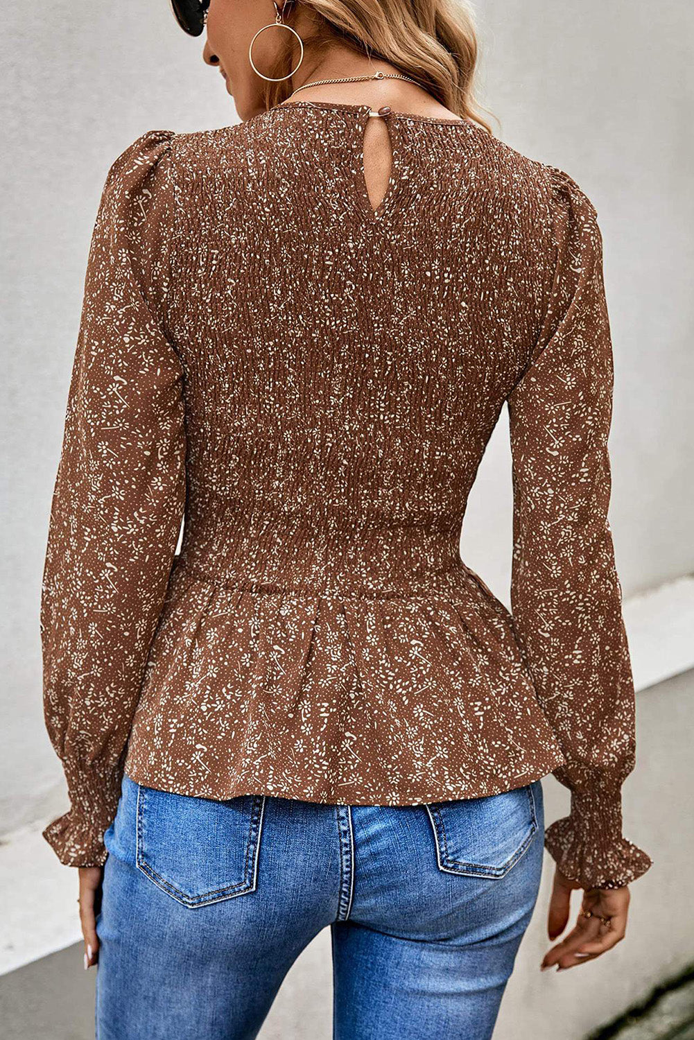 Brown Floral Print Smocked Peplum Top