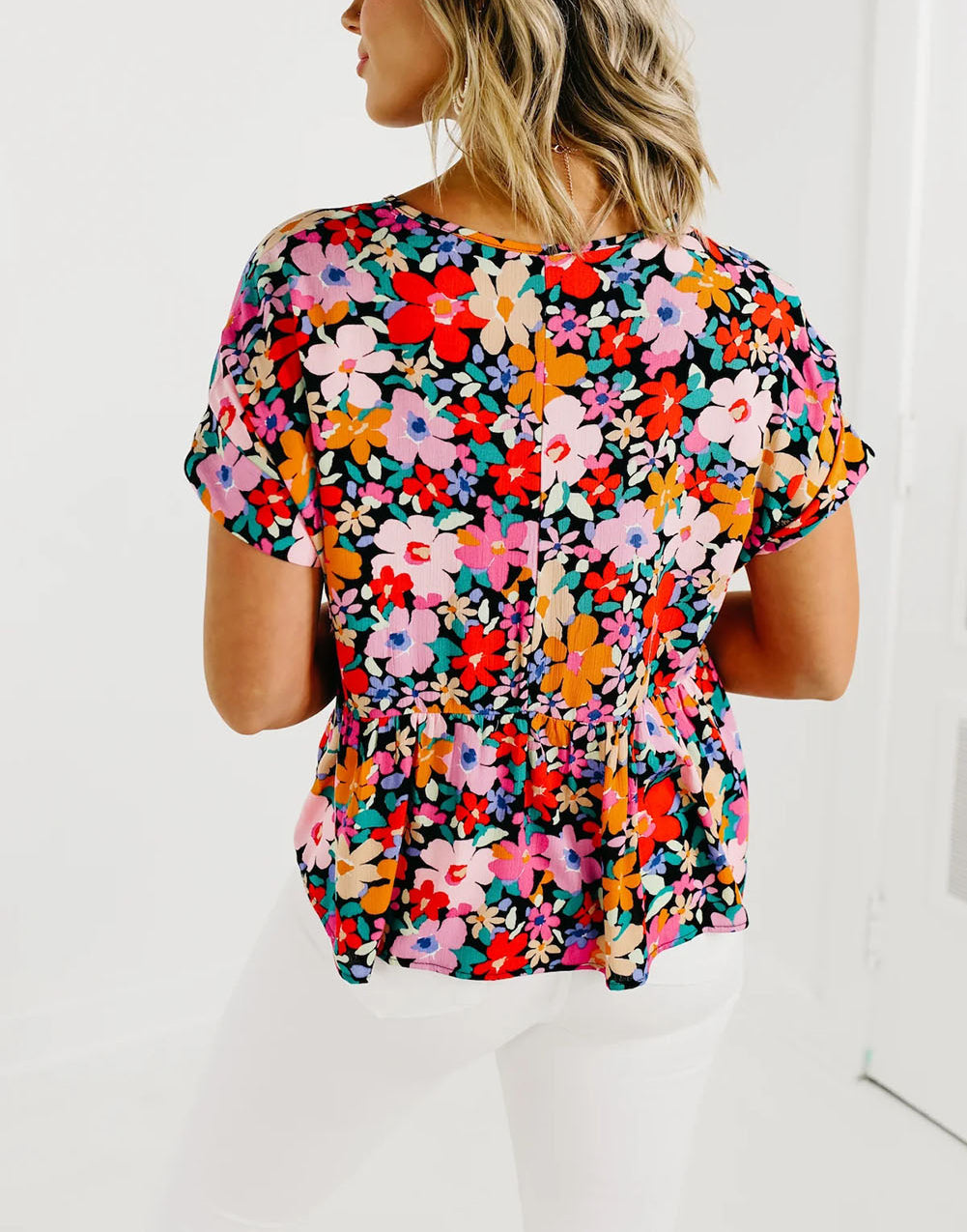 Floral Ruffle Peplum Short Sleeves Blouse