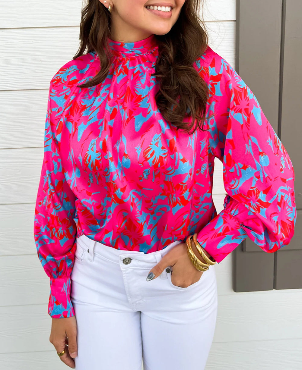 Printed Bubble Sleeve Mock Neck Blouse