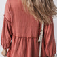 Solid Color Textured Frilled Trim V Neck Puff Sleeve Blouse