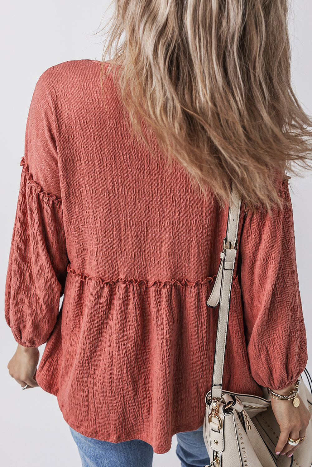 Solid Color Textured Frilled Trim V Neck Puff Sleeve Blouse