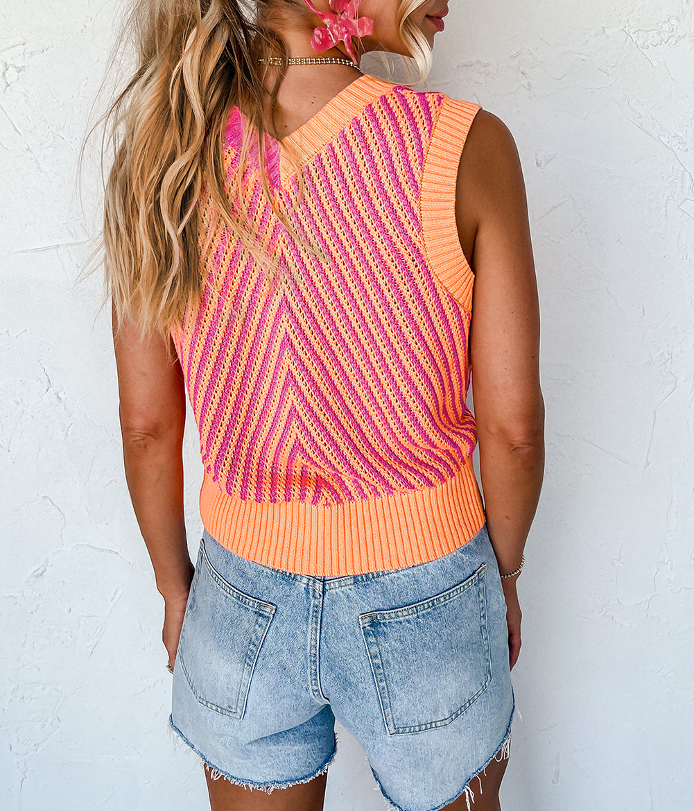 Contrast Chevron Knit V Neck Sweater Vest