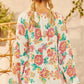 Notch V Neck Floral Pleated Puff Sleeve Blouse