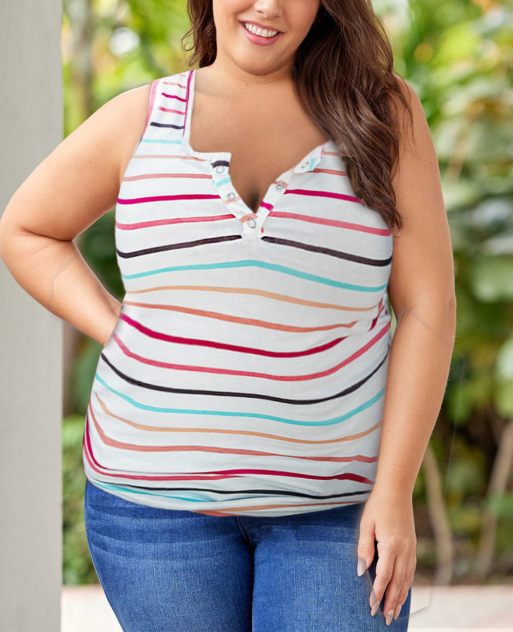 Colorful Striped Henley Button Plus Size Tank Top