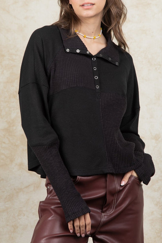 Ribbed Knit Snap Button Long Sleeve Top