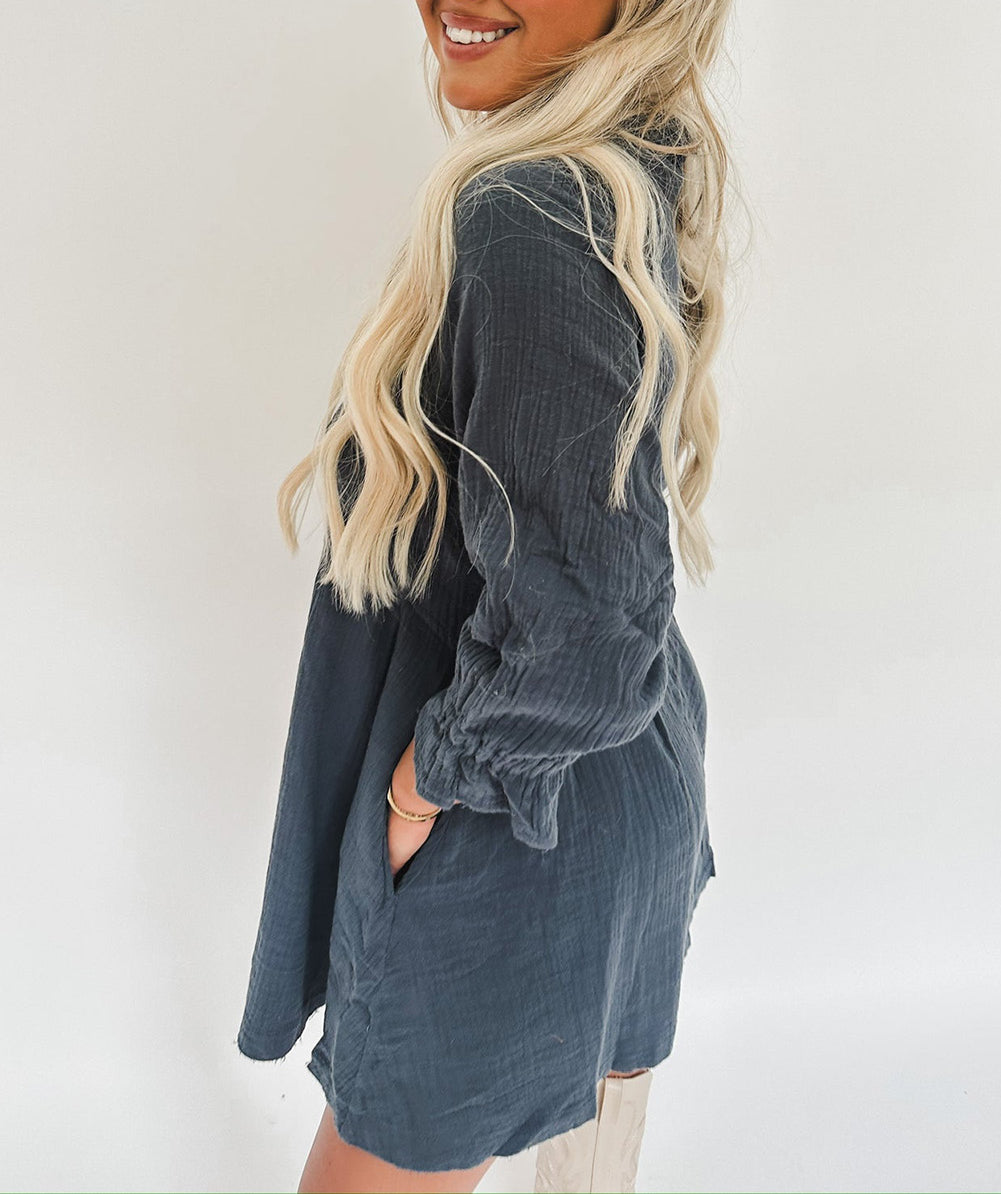 3/4 Ruffled Sleeve Buttoned Crinkled Shirt Dress