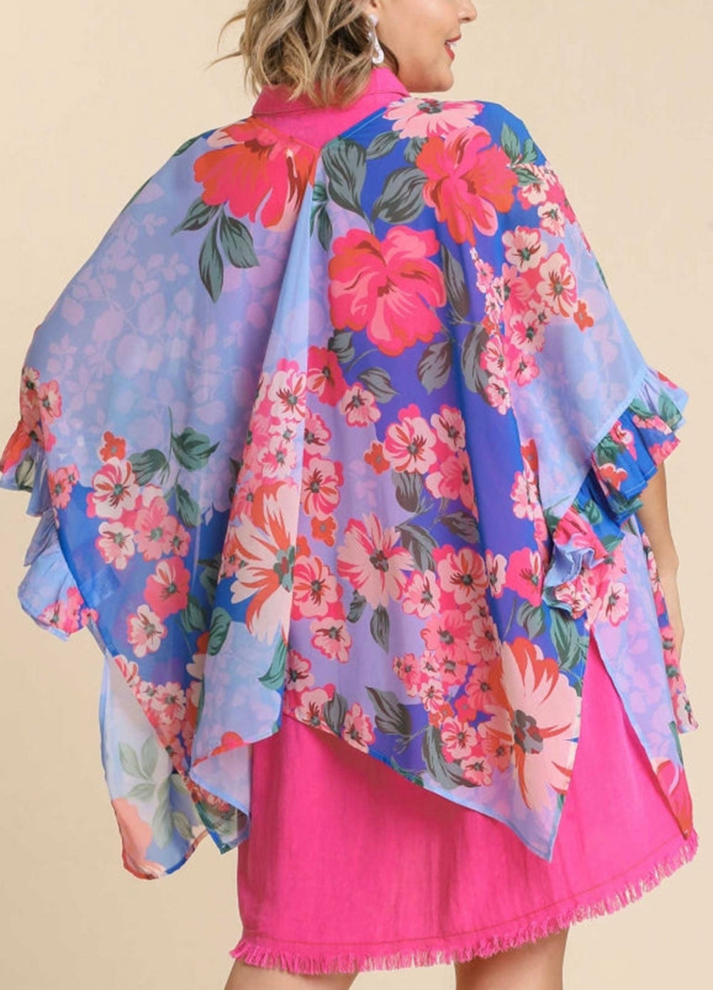 Blue Floral Print Ruffled 3/4 Sleeve Loose Fit Kimono