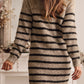 Striped Print Lace Neck Asymmetric Buttons Sweater Dress