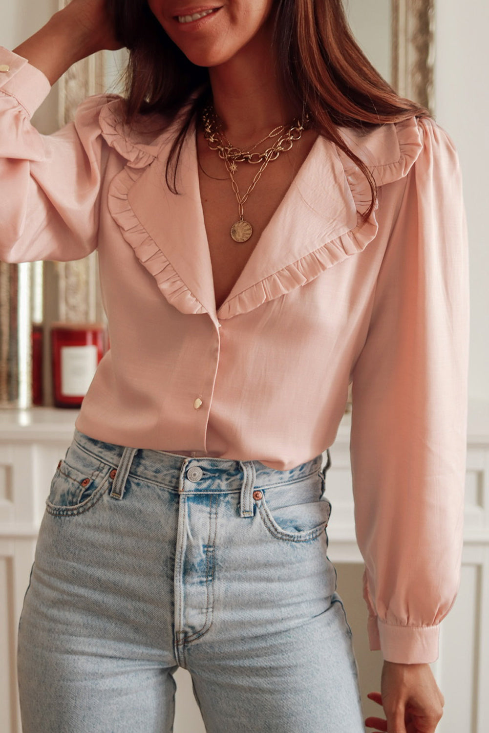 Frilled Lapel Collar Button-Up Puff Sleeve Shirt