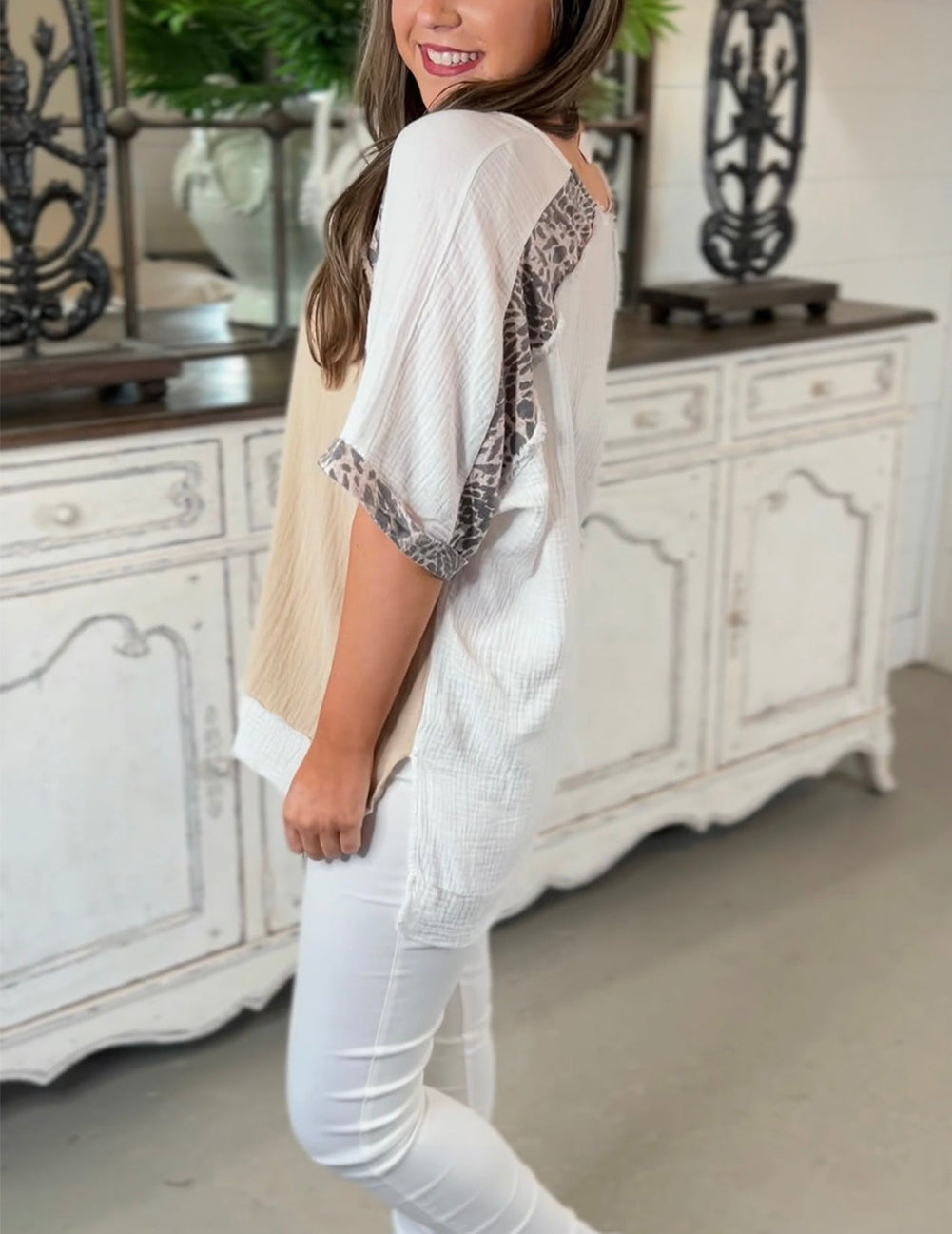 Distressed Color Patchwork Leopard Trim Blouse