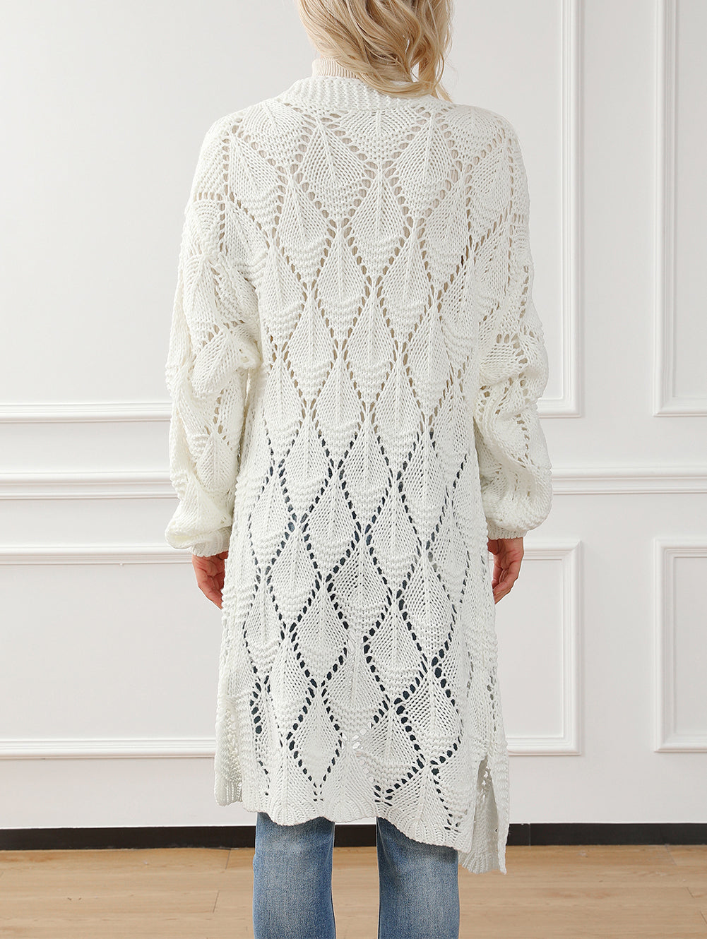 Rhombus Hollowed Knit Open Front Cardigan