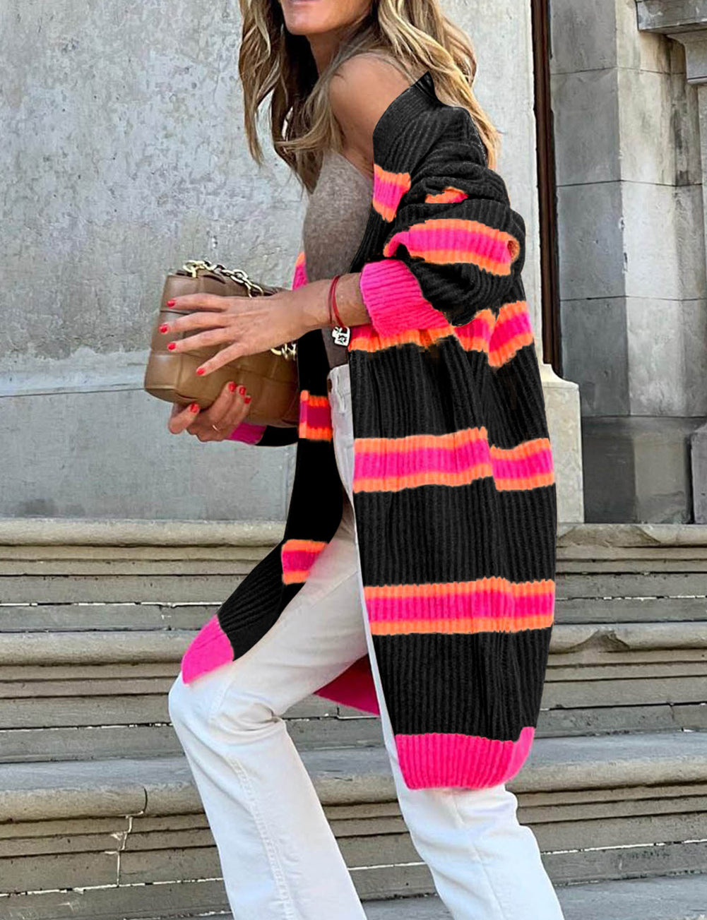 Printed Ribbed Long Knitted Cardigan