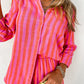 Striped Print Collared Neck Shirt and Shorts Set