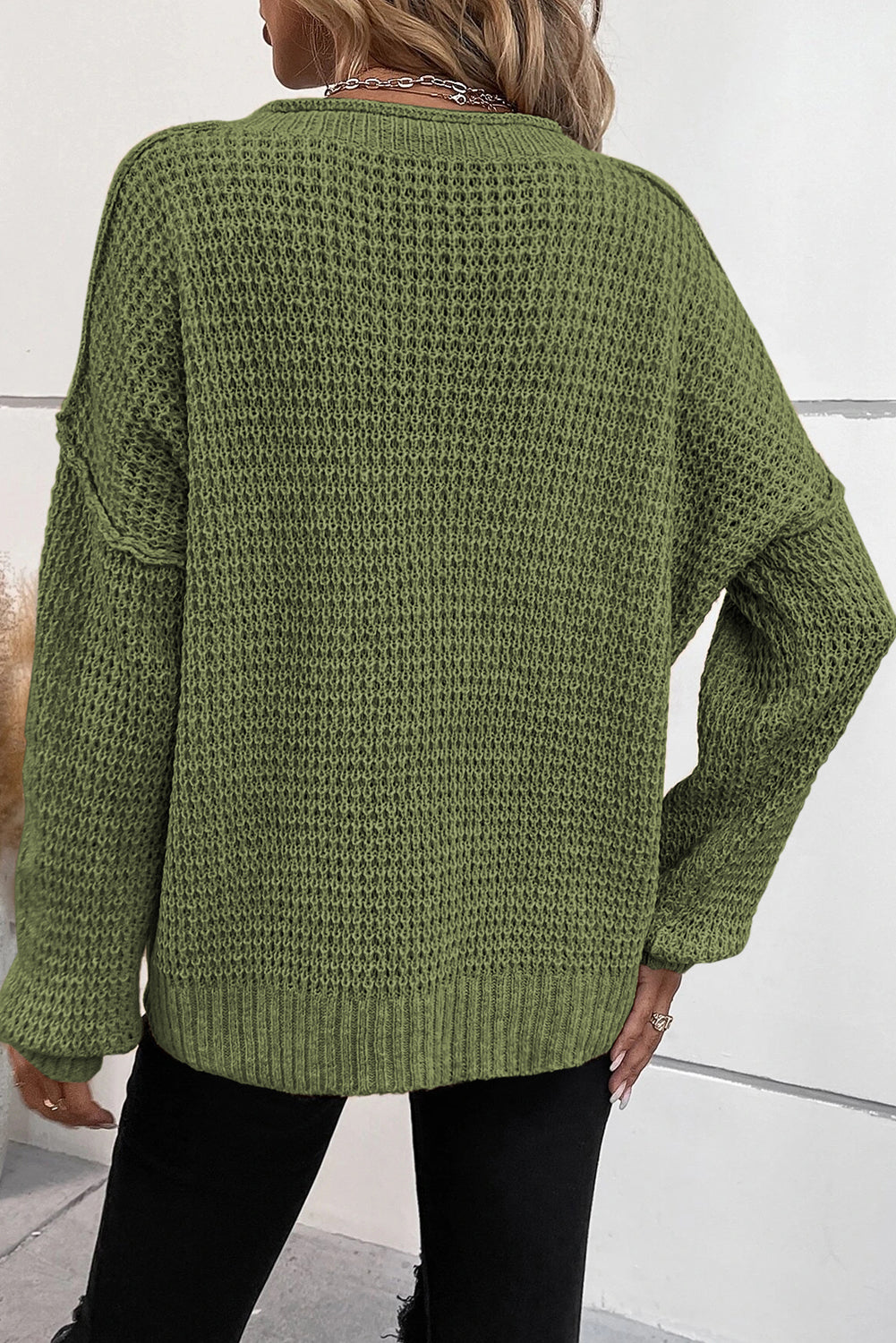 Pointelle Knit Button V Neck Drop Shoulder Sweater