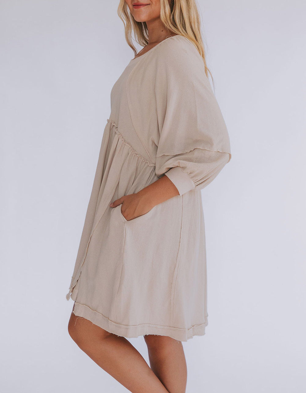 3/4 Sleeves High Waist Slits Mini Dress