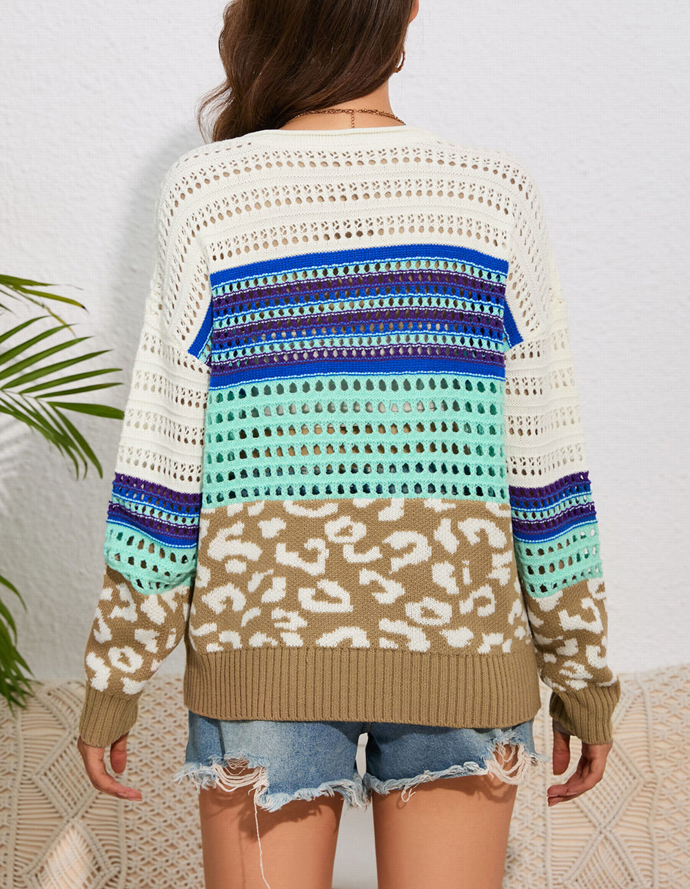 Leopard Striped Mix Pattern Knit Crochet Sweater